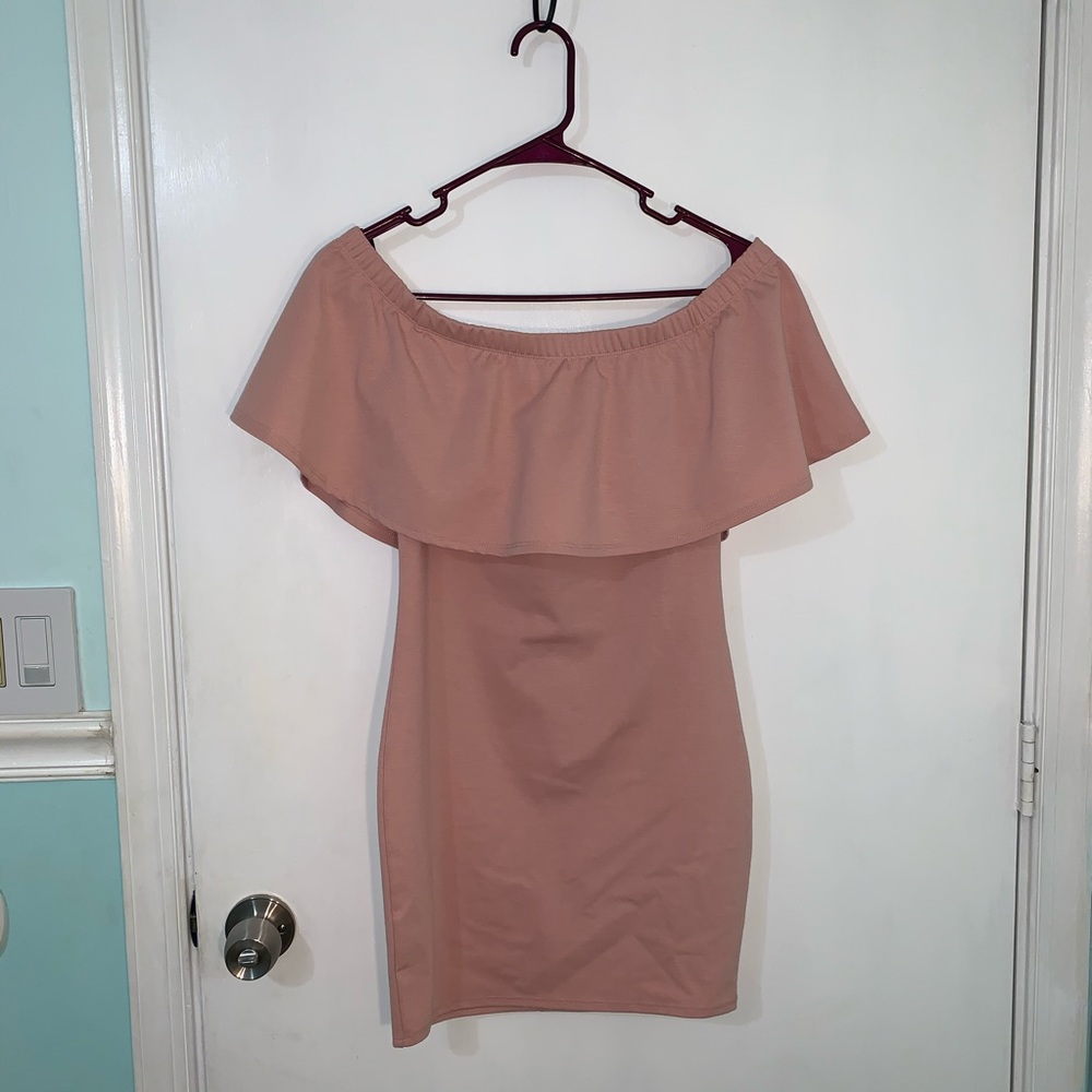 All pink over the shoulder mini dress